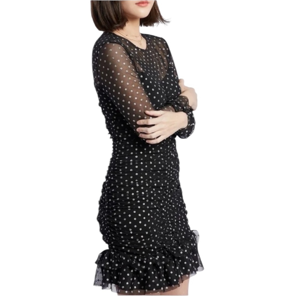 NWT Zara Black Metallic Silver Polka Dot Print Tulle Ruched Mini Dress - XS